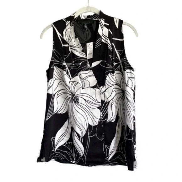 NEW WHBM Sleeveless Blouse V-neck Bold Magnolia Floral Black White Size XS - Picture 6 of 14